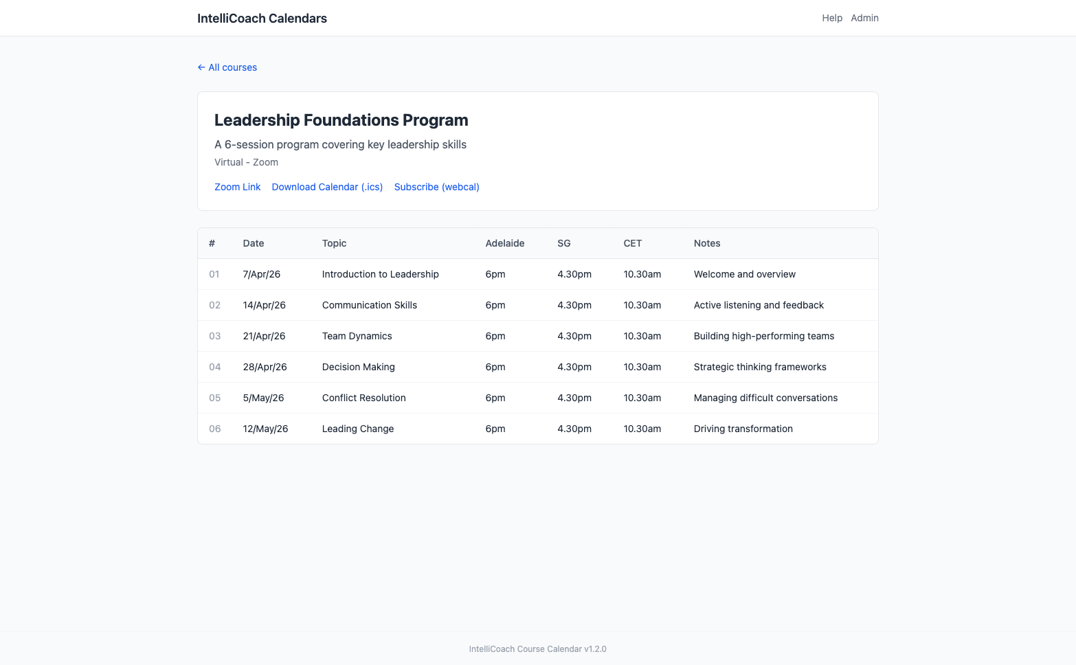 The public course page showing the course title, description, Zoom link, and a table of sessions with times in Adelaide, SG, and CET time zones